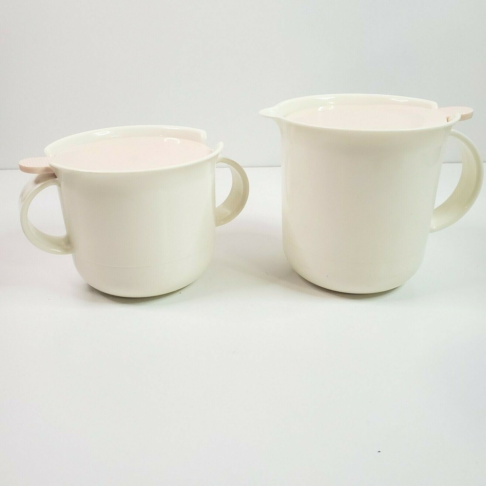 Vintage Tupperware 12 Ounce Creamer & 10 Ounce Sugar Bowl Set Pink Lids